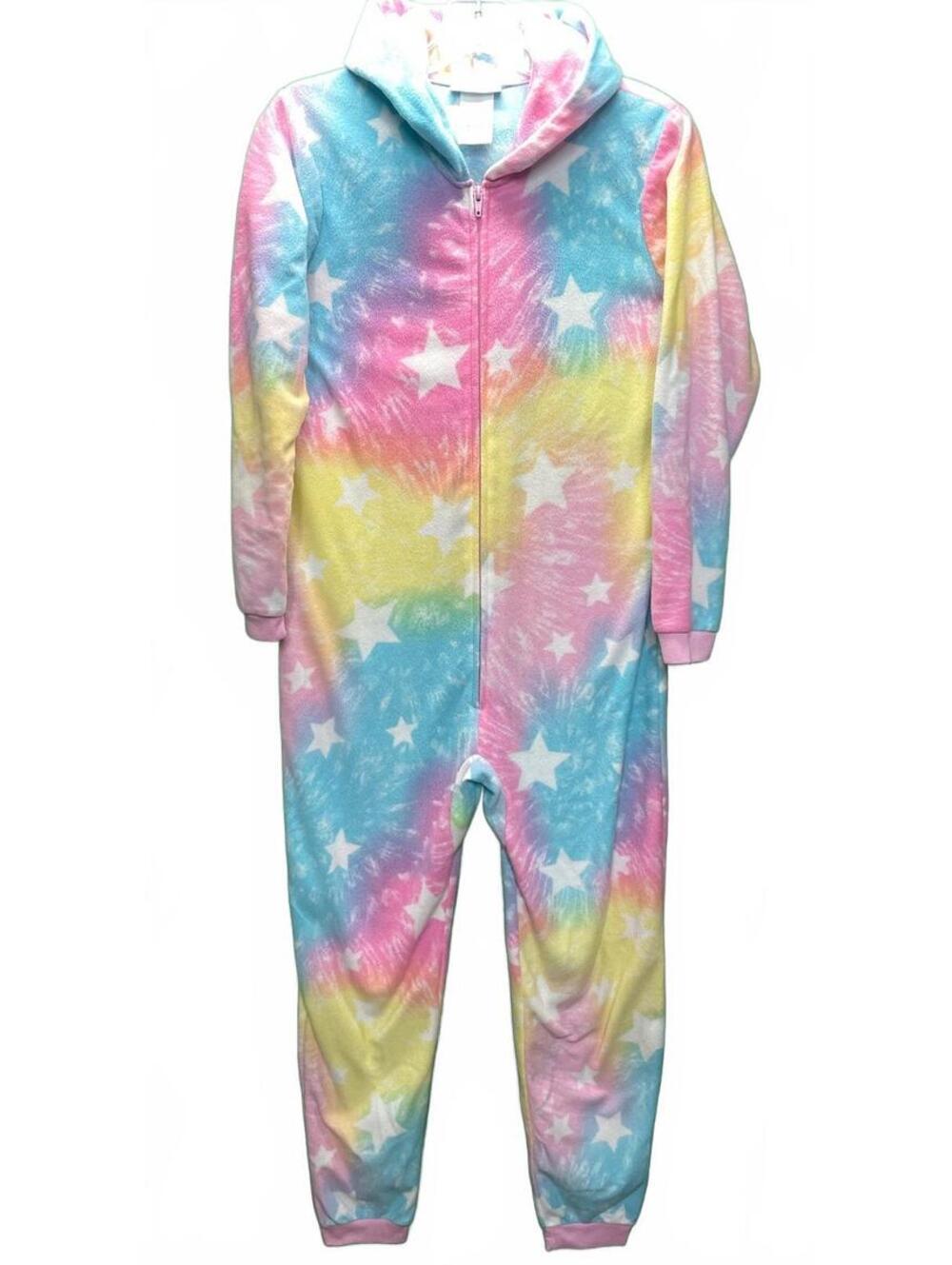 Saint Eve Kids XL (14/16) Rainbow Tie Dye Unicorn Hooded One Piece Pajamas